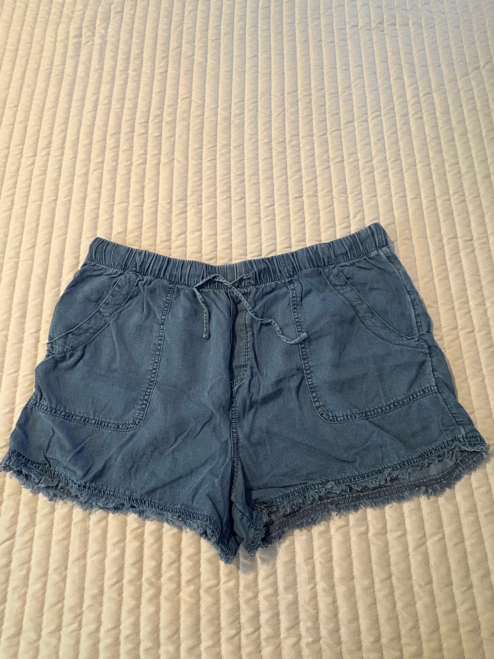 Time and Tru Blue Elastic Waist Drawstring Shorts with Fringe Hem